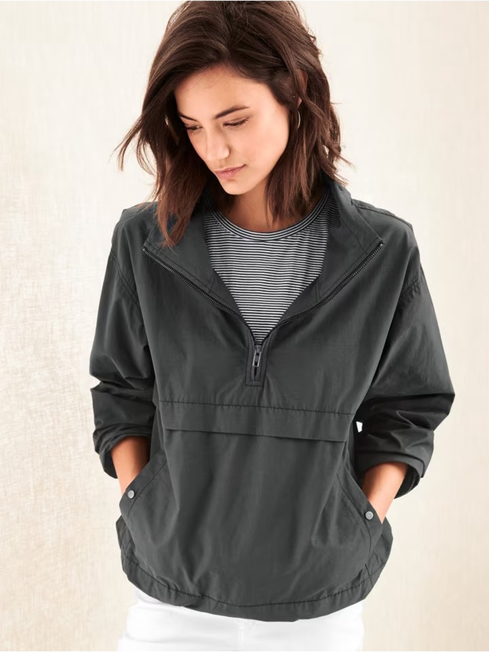 Eileen Fisher 🌱 Organic Cotton & Nylon Pullover Jacket XL Black Half Zip Anorak